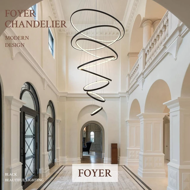 Alt view image 5 of 7 - Modern LED Chandelier 8 Rings Dimmable Black High Ceiling Chandelier Foyer, Large LED Contemporary Pendant Lighting for Staircase Entryway Living Room, D35in 3000K-6500K