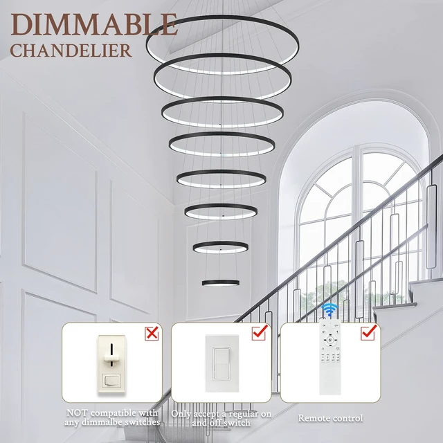 Alt view image 7 of 7 - Modern LED Chandelier 8 Rings Dimmable Black High Ceiling Chandelier Foyer, Large LED Contemporary Pendant Lighting for Staircase Entryway Living Room, D35in 3000K-6500K