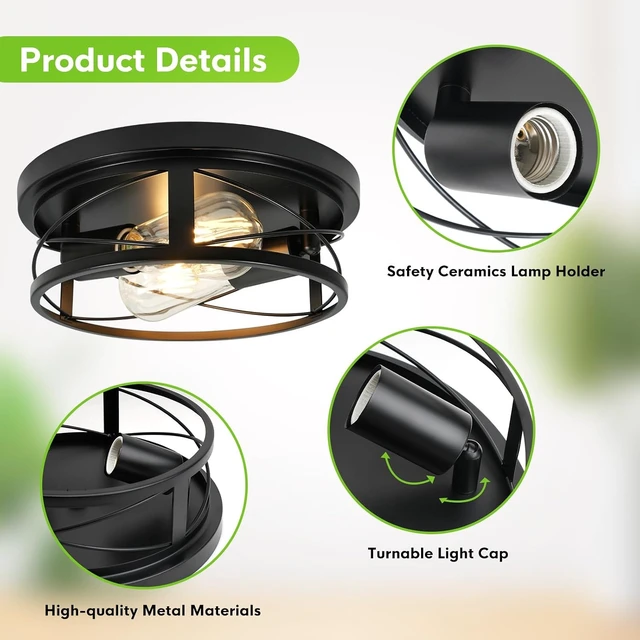 Alt view image 5 of 7 - 2 Pack Farmhouse Ceiling Light - 11 Inch Dimmable Rustic Black Flush Mount E26 Industrial Ceiling Modern Led Light for Hallway Bathroom Kitchen Bedroom