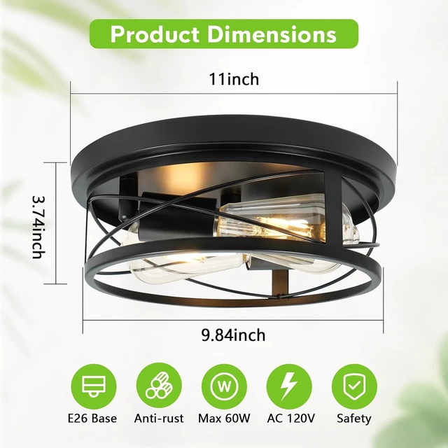 Alt view image 6 of 7 - 2 Pack Farmhouse Ceiling Light - 11 Inch Dimmable Rustic Black Flush Mount E26 Industrial Ceiling Modern Led Light for Hallway Bathroom Kitchen Bedroom