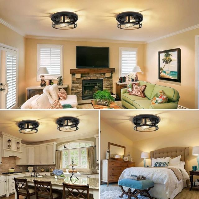 Alt view image 7 of 7 - 2 Pack Farmhouse Ceiling Light - 11 Inch Dimmable Rustic Black Flush Mount E26 Industrial Ceiling Modern Led Light for Hallway Bathroom Kitchen Bedroom
