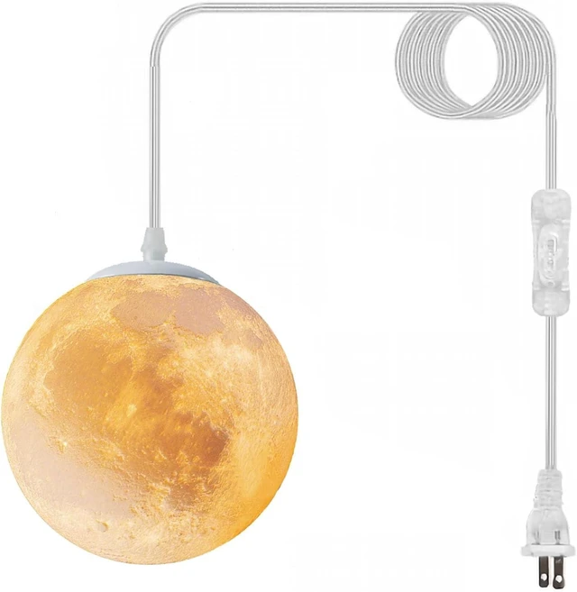 Main image of Plug-in Moon Pendant Light, Hanging Lamp with Switch & Cord, 3-Color Dimmable LED Ceiling Lamp for Kids Bedroom or Nursery, White Lunar Night Light (Warm,Neutral,White,LED Bulb Included)