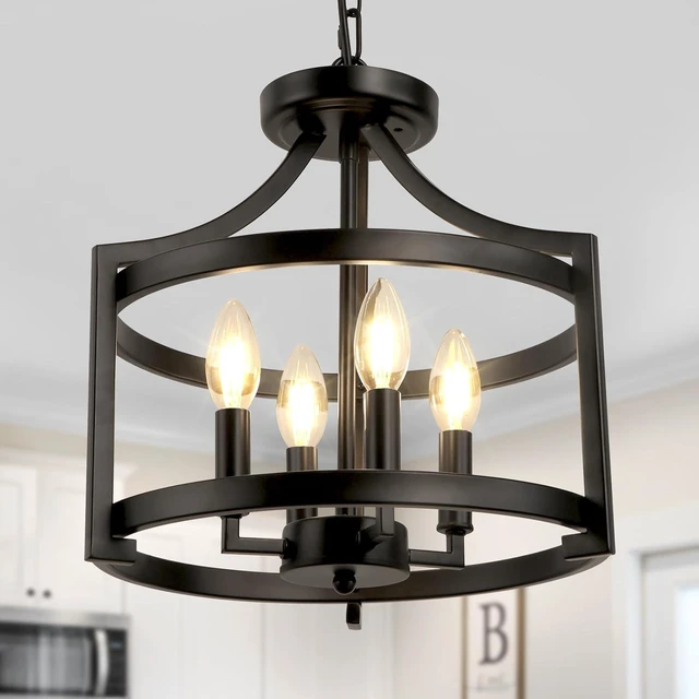 Main image of LynPon Black Farmhouse Chandelier 4 Lights, Modern Hanging Pendant Light Convertible Semi Flush Mount Ceiling Light Rustic Metal Round Cage Chandeliers for Dining Room Entryway Foyer Kitchen