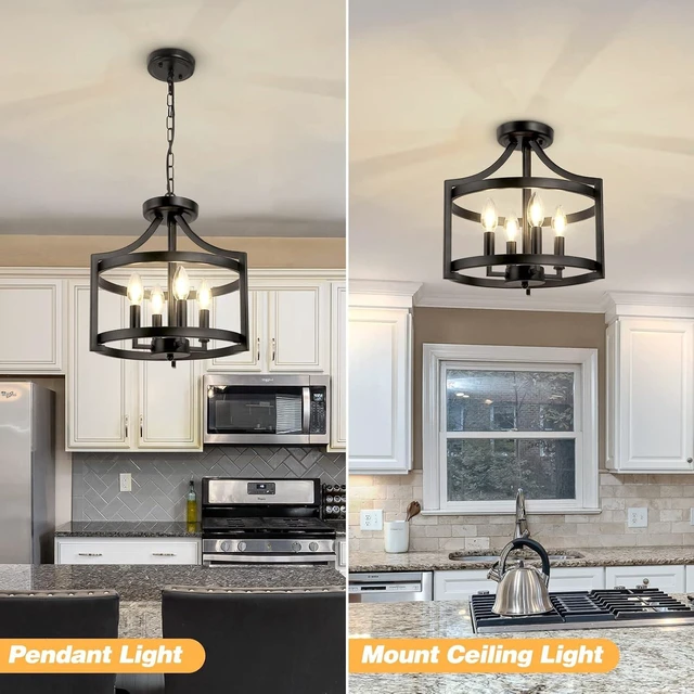 Alt view image 2 of 7 - LynPon Black Farmhouse Chandelier 4 Lights, Modern Hanging Pendant Light Convertible Semi Flush Mount Ceiling Light Rustic Metal Round Cage Chandeliers for Dining Room Entryway Foyer Kitchen