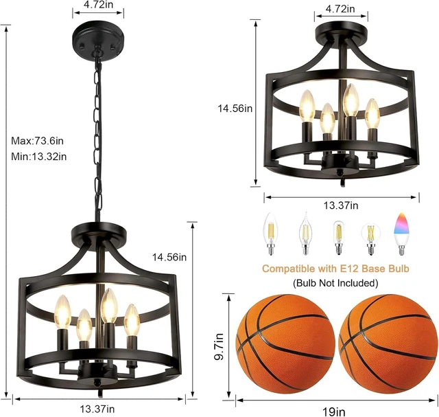 Alt view image 4 of 7 - LynPon Black Farmhouse Chandelier 4 Lights, Modern Hanging Pendant Light Convertible Semi Flush Mount Ceiling Light Rustic Metal Round Cage Chandeliers for Dining Room Entryway Foyer Kitchen