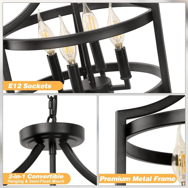 Alt view image 3 of 7 - LynPon Black Farmhouse Chandelier 4 Lights, Modern Hanging Pendant Light Convertible Semi Flush Mount Ceiling Light Rustic Metal Round Cage Chandeliers for Dining Room Entryway Foyer Kitchen