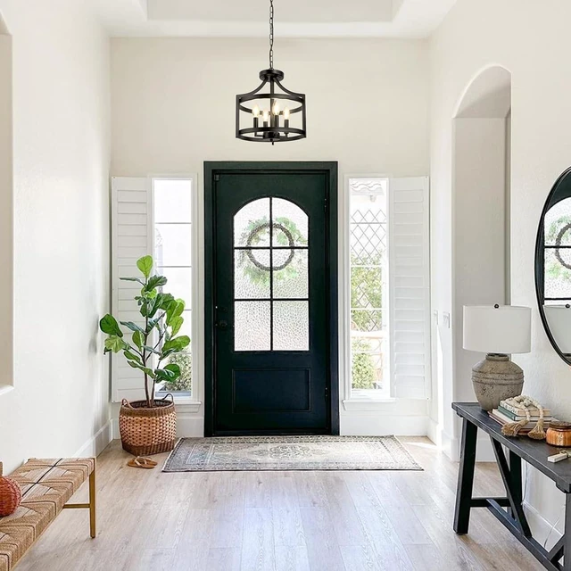 Alt view image 5 of 7 - LynPon Black Farmhouse Chandelier 4 Lights, Modern Hanging Pendant Light Convertible Semi Flush Mount Ceiling Light Rustic Metal Round Cage Chandeliers for Dining Room Entryway Foyer Kitchen