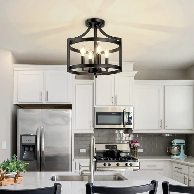 Alt view image 7 of 7 - LynPon Black Farmhouse Chandelier 4 Lights, Modern Hanging Pendant Light Convertible Semi Flush Mount Ceiling Light Rustic Metal Round Cage Chandeliers for Dining Room Entryway Foyer Kitchen