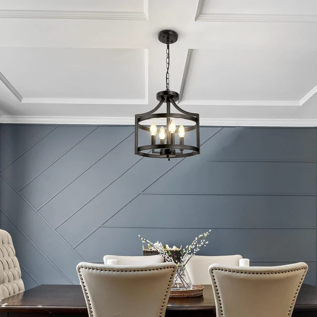 Alt view image 6 of 7 - LynPon Black Farmhouse Chandelier 4 Lights, Modern Hanging Pendant Light Convertible Semi Flush Mount Ceiling Light Rustic Metal Round Cage Chandeliers for Dining Room Entryway Foyer Kitchen
