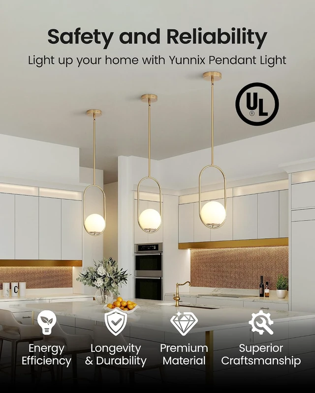 Alt view image 2 of 7 - Yunnix Pendant Lights Kitchen Island, Pendant Light Fixtures, Modern Matte Gold Globe Glass Pendant Lighting, Brass Mid Century Chandelier One Light for Bathroom Bedroom Dining Room