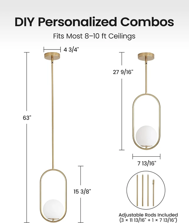 Alt view image 3 of 7 - Yunnix Pendant Lights Kitchen Island, Pendant Light Fixtures, Modern Matte Gold Globe Glass Pendant Lighting, Brass Mid Century Chandelier One Light for Bathroom Bedroom Dining Room