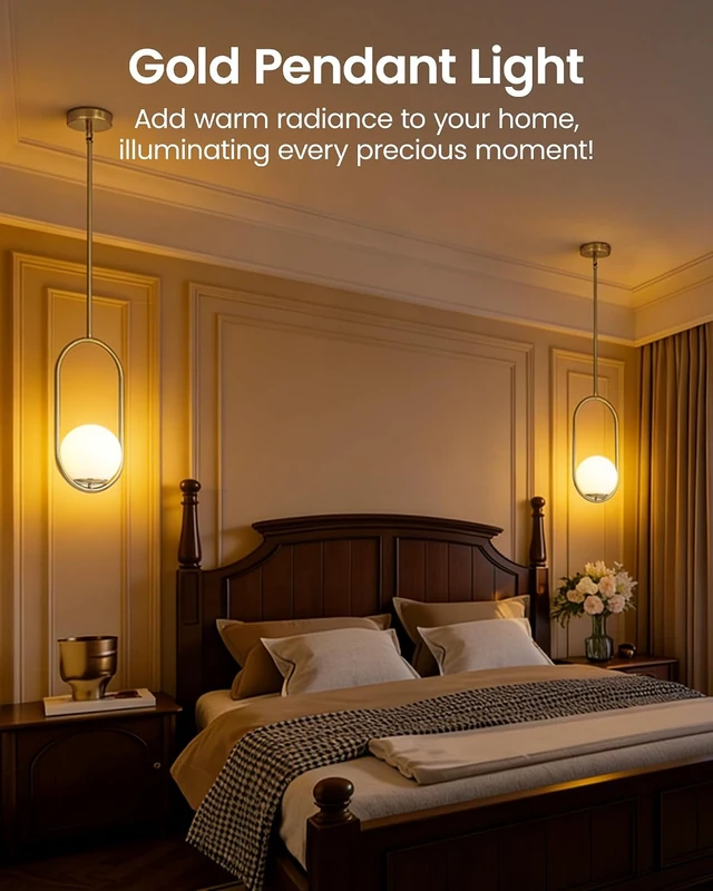 Alt view image 7 of 7 - Yunnix Pendant Lights Kitchen Island, Pendant Light Fixtures, Modern Matte Gold Globe Glass Pendant Lighting, Brass Mid Century Chandelier One Light for Bathroom Bedroom Dining Room