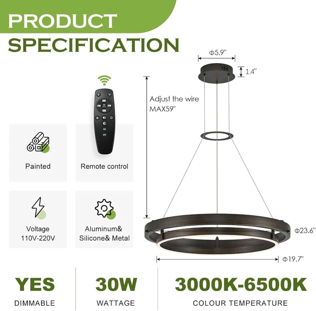 Alt view image 2 of 7 - LED Ring Chandelier Vintage Brown Dimmable Circular LED Pendant Light