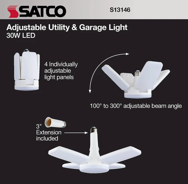 Alt view image 2 of 6 - Satco S13146 Adjustable Multi-Beam LED Utility and Garage Ceiling Light, White, 5000K, 1 Count (Pack of 1)
