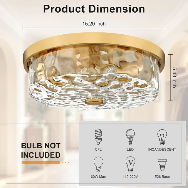 Alt view image 3 of 7 - Flush Mount Ceiling Light with Water Ripple Glass Shade, Modern 3-Light Ceiling-Mount Light Fixtures for Bedroom Living Room Gold Metal Farmhous Ceiling Lamp for Lighting and Decoration