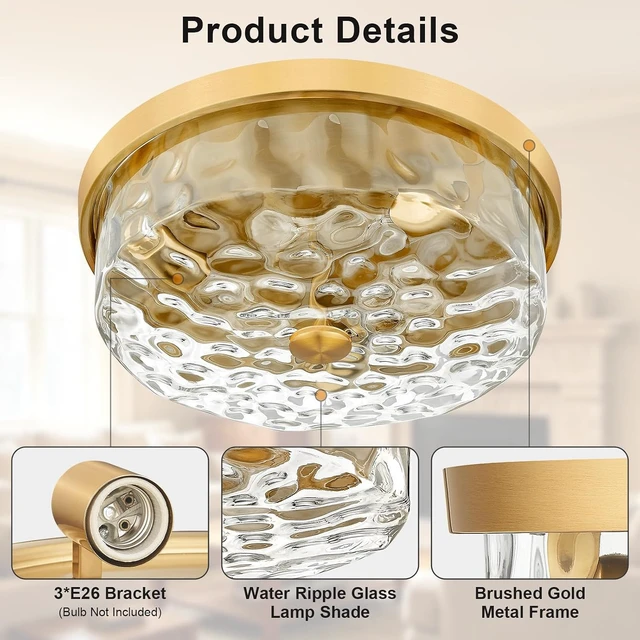 Alt view image 4 of 7 - Flush Mount Ceiling Light with Water Ripple Glass Shade, Modern 3-Light Ceiling-Mount Light Fixtures for Bedroom Living Room Gold Metal Farmhous Ceiling Lamp for Lighting and Decoration
