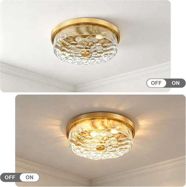 Alt view image 5 of 7 - Flush Mount Ceiling Light with Water Ripple Glass Shade, Modern 3-Light Ceiling-Mount Light Fixtures for Bedroom Living Room Gold Metal Farmhous Ceiling Lamp for Lighting and Decoration