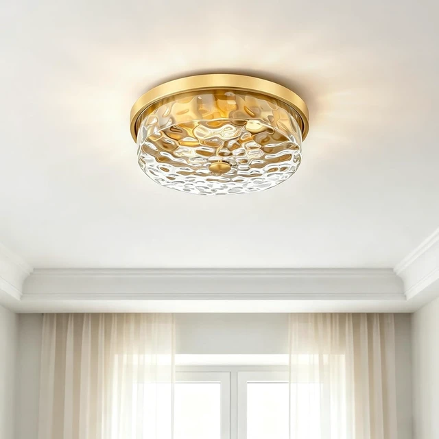 Alt view image 6 of 7 - Flush Mount Ceiling Light with Water Ripple Glass Shade, Modern 3-Light Ceiling-Mount Light Fixtures for Bedroom Living Room Gold Metal Farmhous Ceiling Lamp for Lighting and Decoration