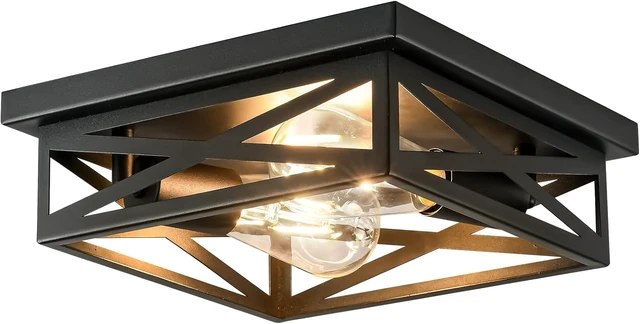 Main image of 2-Lights Flush Mount Ceiling Light, Farmhouse Close to Ceiling Light Fixtures, 11 Inch Indoor Retro Metal Black Cross Cage Square Ceiling Light Fixtures for Hallway Kitchen Bedroom