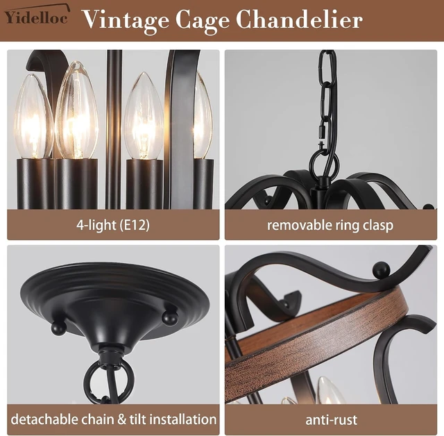 Alt view image 7 of 7 - 4 Lights Black Farmhouse Chandeliers Vintage Cage Ceiling Light Fixtures