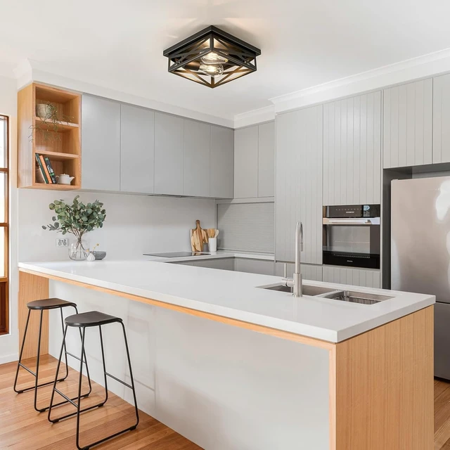 Alt view image 3 of 6 - 2-Lights Flush Mount Ceiling Light, Farmhouse Close to Ceiling Light Fixtures, 11 Inch Indoor Retro Metal Black Cross Cage Square Ceiling Light Fixtures for Hallway Kitchen Bedroom