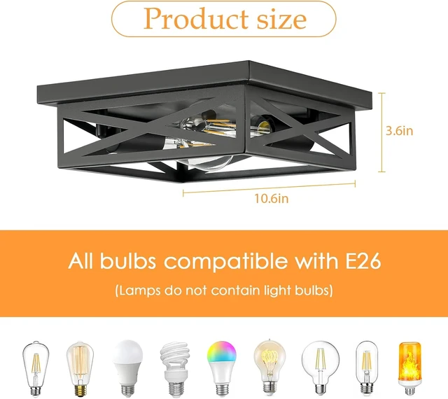 Alt view image 4 of 6 - 2-Lights Flush Mount Ceiling Light, Farmhouse Close to Ceiling Light Fixtures, 11 Inch Indoor Retro Metal Black Cross Cage Square Ceiling Light Fixtures for Hallway Kitchen Bedroom