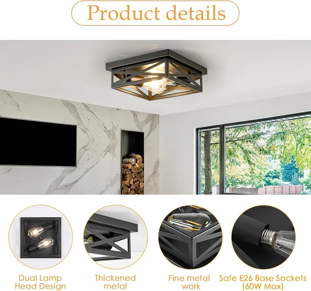 Alt view image 5 of 6 - 2-Lights Flush Mount Ceiling Light, Farmhouse Close to Ceiling Light Fixtures, 11 Inch Indoor Retro Metal Black Cross Cage Square Ceiling Light Fixtures for Hallway Kitchen Bedroom