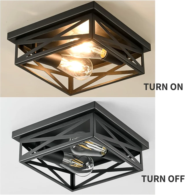 Alt view image 6 of 6 - 2-Lights Flush Mount Ceiling Light, Farmhouse Close to Ceiling Light Fixtures, 11 Inch Indoor Retro Metal Black Cross Cage Square Ceiling Light Fixtures for Hallway Kitchen Bedroom