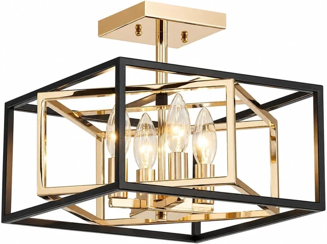 Main image of AGV LIGHTING CL055G Modern Semi-Flushmount Ceiling Light Fixture, Square Ceiling Light, E12 Base 4-Lights, L12 x W12 x H10, Matte Black & Shinny Gold Finish