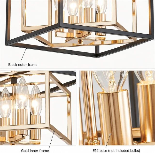 Alt view image 3 of 7 - AGV LIGHTING CL055G Modern Semi-Flushmount Ceiling Light Fixture, Square Ceiling Light, E12 Base 4-Lights, L12 x W12 x H10, Matte Black & Shinny Gold Finish