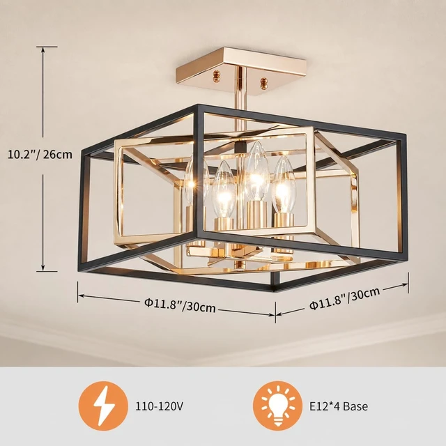 Alt view image 2 of 7 - AGV LIGHTING CL055G Modern Semi-Flushmount Ceiling Light Fixture, Square Ceiling Light, E12 Base 4-Lights, L12 x W12 x H10, Matte Black & Shinny Gold Finish