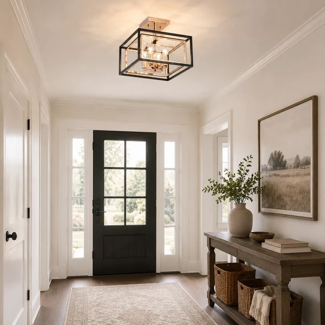 Alt view image 5 of 7 - AGV LIGHTING CL055G Modern Semi-Flushmount Ceiling Light Fixture, Square Ceiling Light, E12 Base 4-Lights, L12 x W12 x H10, Matte Black & Shinny Gold Finish
