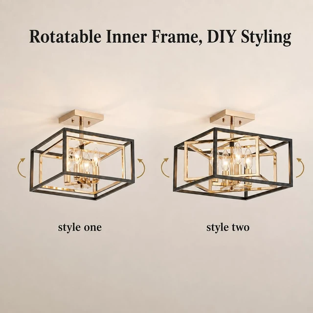 Alt view image 4 of 7 - AGV LIGHTING CL055G Modern Semi-Flushmount Ceiling Light Fixture, Square Ceiling Light, E12 Base 4-Lights, L12 x W12 x H10, Matte Black & Shinny Gold Finish