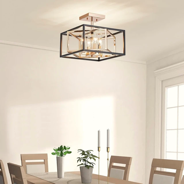 Alt view image 7 of 7 - AGV LIGHTING CL055G Modern Semi-Flushmount Ceiling Light Fixture, Square Ceiling Light, E12 Base 4-Lights, L12 x W12 x H10, Matte Black & Shinny Gold Finish