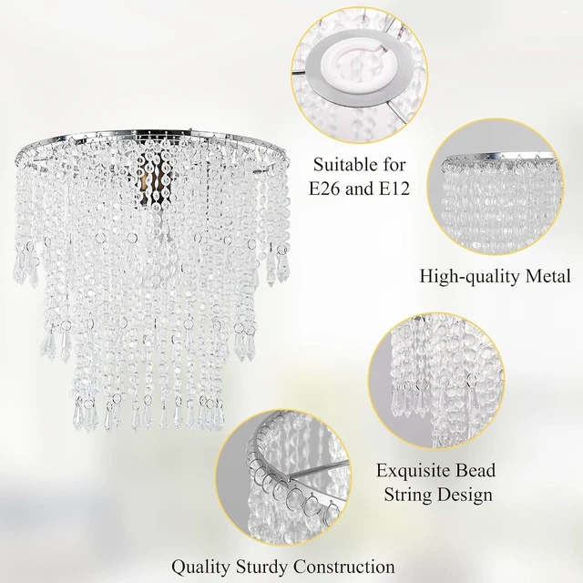 Alt view image 2 of 7 - Acrylic Chandelier Shade Modern Ceiling Light Shade Beaded Pendant Lampshade with Acrylic Beads and Chrome Frame Diameter 11.81 inches