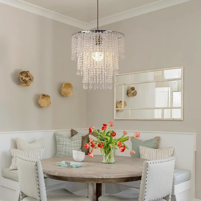 Alt view image 6 of 7 - Acrylic Chandelier Shade Modern Ceiling Light Shade Beaded Pendant Lampshade with Acrylic Beads and Chrome Frame Diameter 11.81 inches