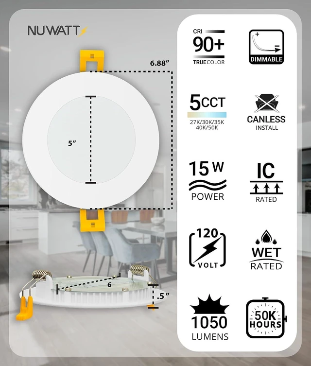 Alt view image 2 of 7 - NUWATT Canless Recessed Lighting 6 Inch, 2700K-5000K, Dimmable, ETL, 6 Pack