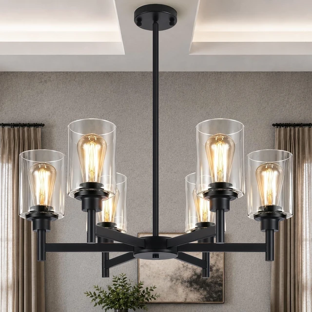 Main image of Black Chandeliers, 6 Light Dining Room Light Fixtures Over Table, Farmhouse Chandeliers for Dining Room with Clear Glass Shade for Kitchen Island Living Room Bedroom Bathroom, Height Adjustable