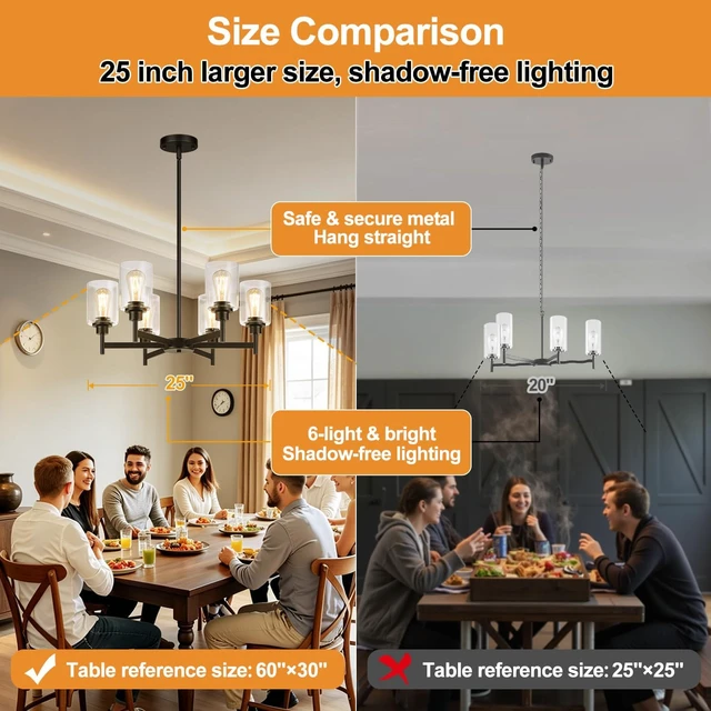 Alt view image 3 of 7 - Black Chandeliers, 6 Light Dining Room Light Fixtures Over Table, Farmhouse Chandeliers for Dining Room with Clear Glass Shade for Kitchen Island Living Room Bedroom Bathroom, Height Adjustable