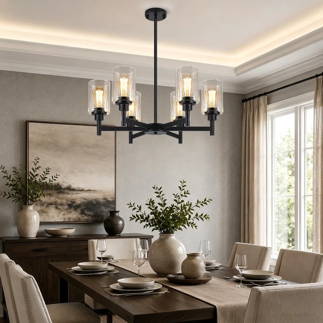 Alt view image 7 of 7 - Black Chandeliers, 6 Light Dining Room Light Fixtures Over Table, Farmhouse Chandeliers for Dining Room with Clear Glass Shade for Kitchen Island Living Room Bedroom Bathroom, Height Adjustable