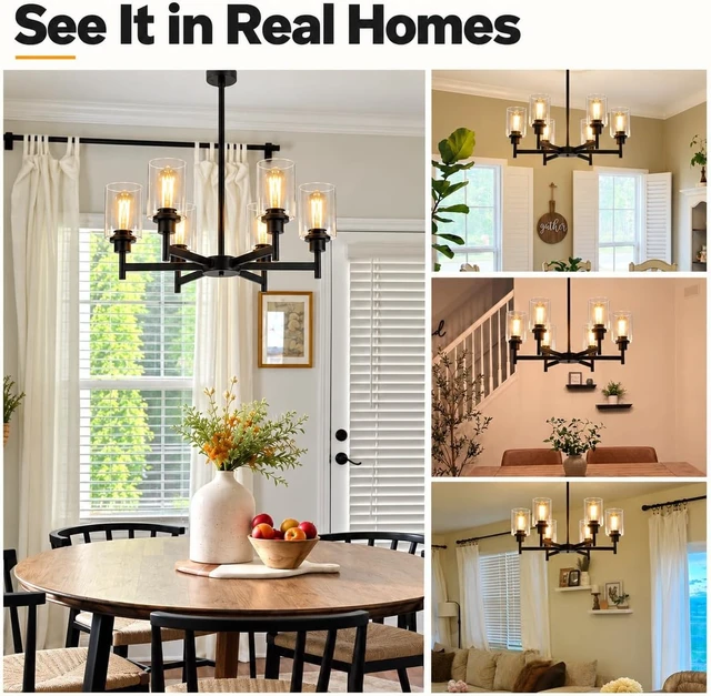 Alt view image 4 of 7 - Black Chandeliers, 6 Light Dining Room Light Fixtures Over Table, Farmhouse Chandeliers for Dining Room with Clear Glass Shade for Kitchen Island Living Room Bedroom Bathroom, Height Adjustable