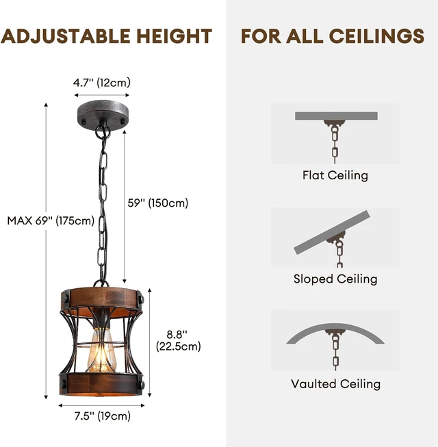 Alt view image 2 of 7 - Rustic Chandelier, Modern Farmhouse Chandeliers for Dining Room, Wood Pendant Lights for Kitchen Island Foyer Hallway Bar, 1-Light Retro Rustic Light Fixtures for All Ceilings D 7.5" x H 8.8"