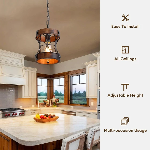 Alt view image 3 of 7 - Rustic Chandelier, Modern Farmhouse Chandeliers for Dining Room, Wood Pendant Lights for Kitchen Island Foyer Hallway Bar, 1-Light Retro Rustic Light Fixtures for All Ceilings D 7.5" x H 8.8"
