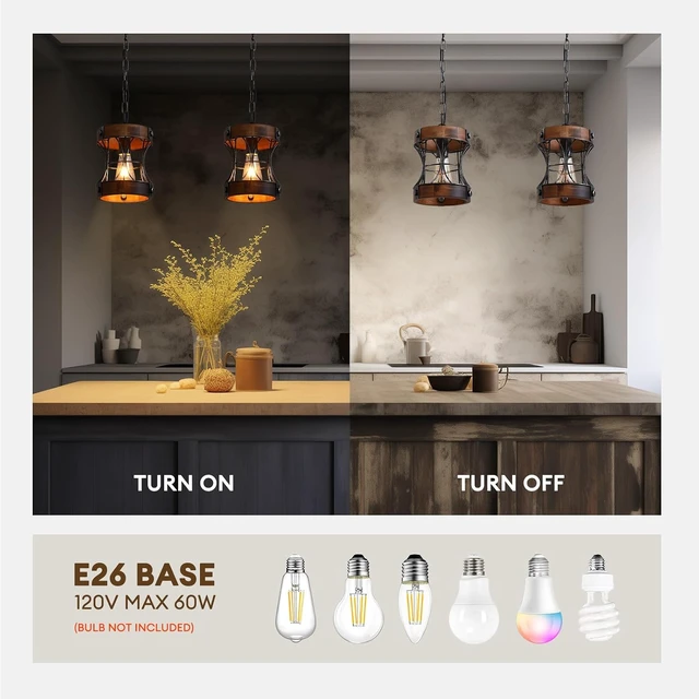 Alt view image 5 of 7 - Rustic Chandelier, Modern Farmhouse Chandeliers for Dining Room, Wood Pendant Lights for Kitchen Island Foyer Hallway Bar, 1-Light Retro Rustic Light Fixtures for All Ceilings D 7.5" x H 8.8"