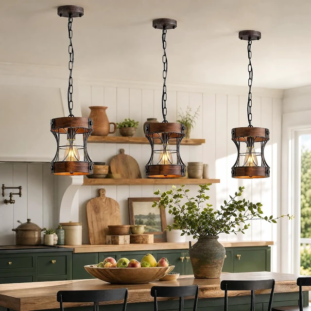 Alt view image 7 of 7 - Rustic Chandelier, Modern Farmhouse Chandeliers for Dining Room, Wood Pendant Lights for Kitchen Island Foyer Hallway Bar, 1-Light Retro Rustic Light Fixtures for All Ceilings D 7.5" x H 8.8"