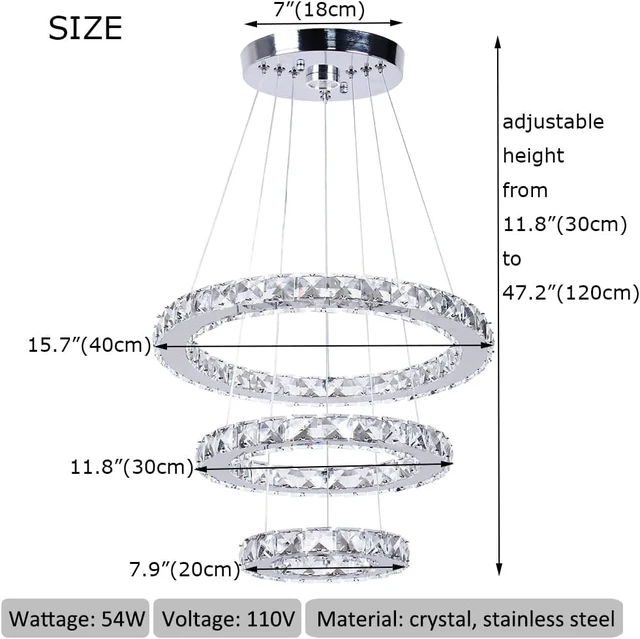 Alt view image 2 of 7 - 3-Ring Modern Crystal Ring Adjustable Chandelier Ceiling Light Cool White
