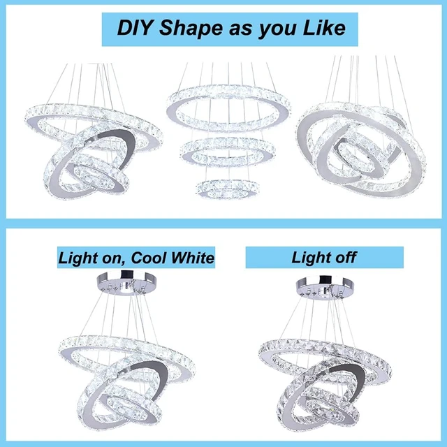 Alt view image 4 of 7 - 3-Ring Modern Crystal Ring Adjustable Chandelier Ceiling Light Cool White