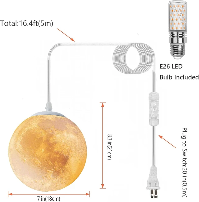 Alt view image 2 of 6 - Plug-in Moon Pendant Light, Hanging Lamp with Switch & Cord, 3-Color Dimmable LED Ceiling Lamp for Kids Bedroom or Nursery, White Lunar Night Light (Warm,Neutral,White,LED Bulb Included)