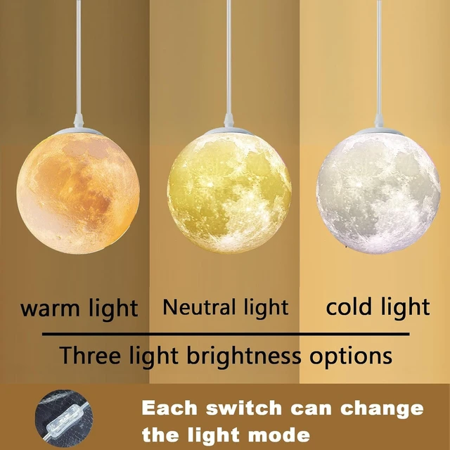 Alt view image 4 of 6 - Plug-in Moon Pendant Light, Hanging Lamp with Switch & Cord, 3-Color Dimmable LED Ceiling Lamp for Kids Bedroom or Nursery, White Lunar Night Light (Warm,Neutral,White,LED Bulb Included)