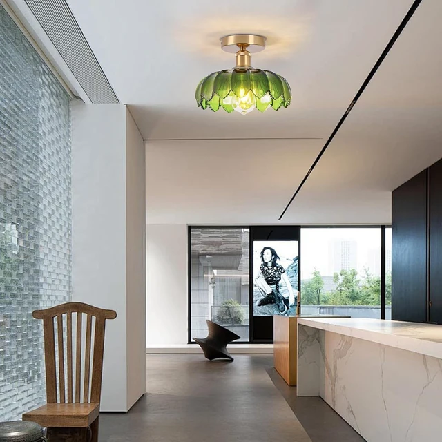 Alt view image 6 of 7 - Chandelier, Flush Mount Ceiling Light, Green Glass Shade Light Fixture, 1 Light Lighting Fixture for Bedroom,Dining Room,Kitchen, Hallway (Green 4112GR)